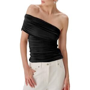NWT Ronny Kobo Black Ranada Ruched Convertible One Shoulder Top Size Medium
